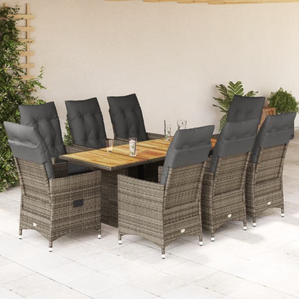 ARDEBO.de - 9-tlg. Garten-Essgruppe mit Kissen Grau Poly Rattan