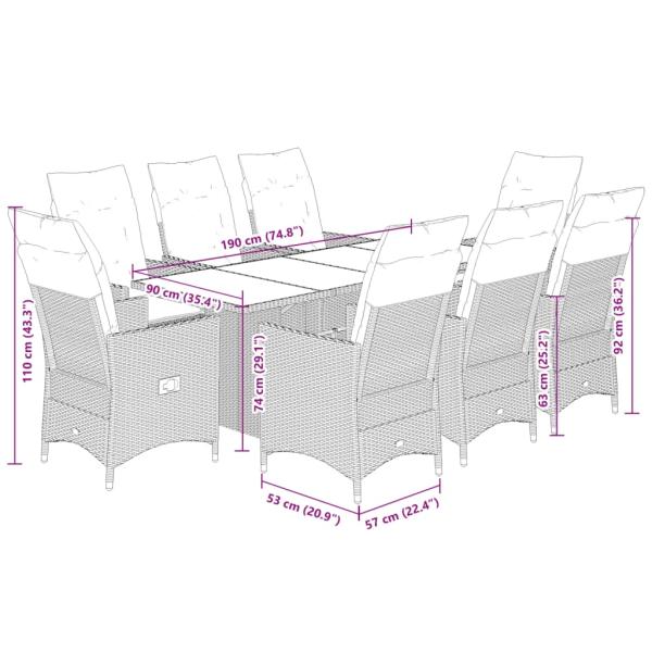 9-tlg. Garten-Essgruppe mit Kissen Grau Poly Rattan