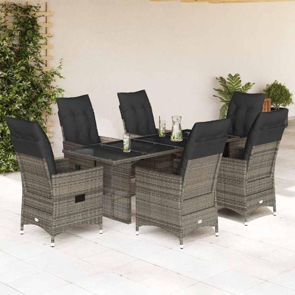 ARDEBO.de - 7-tlg. Garten-Essgruppe mit Kissen Grau Poly Rattan