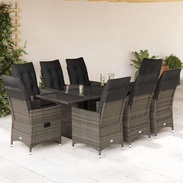 ARDEBO.de - 9-tlg. Garten-Essgruppe mit Kissen Grau Poly Rattan