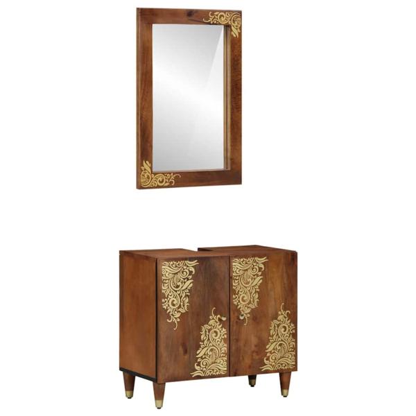 ARDEBO.de - 2-teiliges Badmöbel Set aus massivem Mangoholz, Badschrank 62x33x58 cm aus massivem Mangoholz, Badezimmerspiegel 50x70x3 cm aus massivem Mangoholz