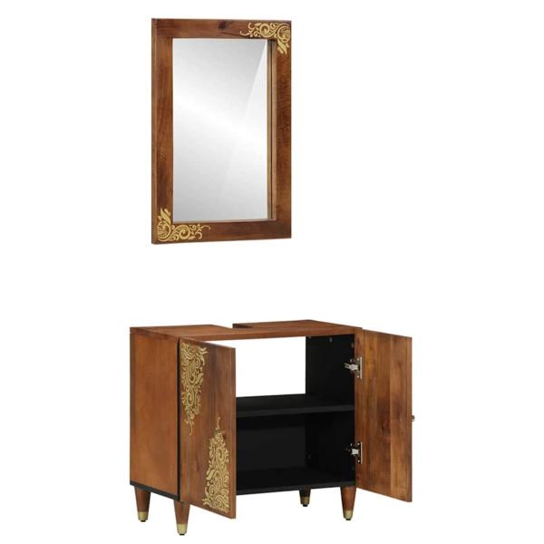 2-teiliges Badmöbel Set aus massivem Mangoholz, Badschrank 62x33x58 cm aus massivem Mangoholz, Badezimmerspiegel 50x70x3 cm aus massivem Mangoholz