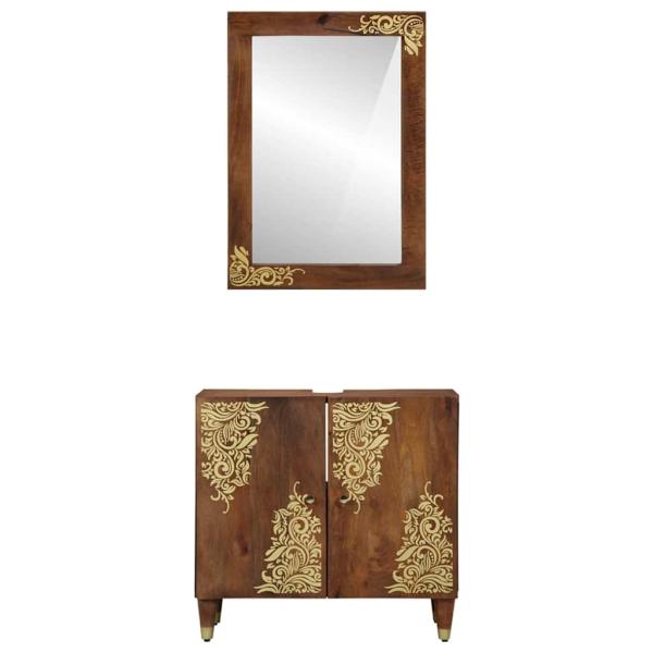 2-teiliges Badmöbel Set aus massivem Mangoholz, Badschrank 62x33x58 cm aus massivem Mangoholz, Badezimmerspiegel 50x70x3 cm aus massivem Mangoholz