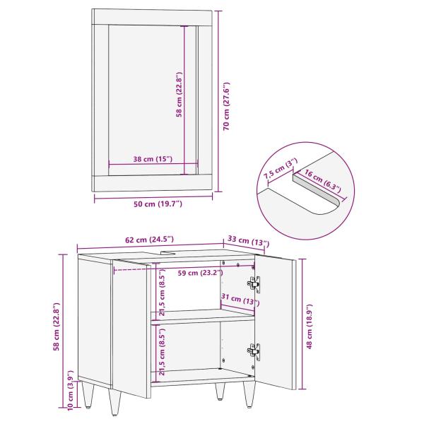 2-teiliges Badmöbel Set aus massivem Mangoholz, Badschrank 62x33x58 cm aus massivem Mangoholz, Badezimmerspiegel 50x70x3 cm aus massivem Mangoholz