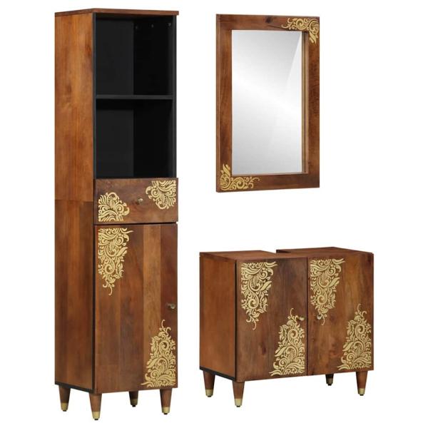 ARDEBO.de - 3-teiliges Badezimmermöbel Set aus massivem Holz Mango, Waschbecken-Schränke 62x33x58 cm aus massivem Holz Mango, Spiegel 50x70x3 cm aus massivem Holz Mango, Sideboard 38x33x160 cm aus massivem Holz Mango
