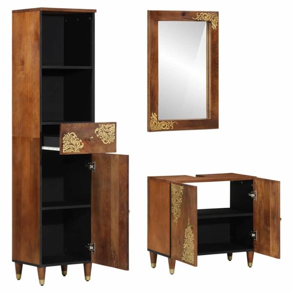 3-teiliges Badezimmermöbel Set aus massivem Holz Mango, Waschbecken-Schränke 62x33x58 cm aus massivem Holz Mango, Spiegel 50x70x3 cm aus massivem Holz Mango, Sideboard 38x33x160 cm aus massivem Holz Mango