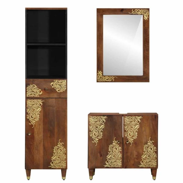 3-teiliges Badezimmermöbel Set aus massivem Holz Mango, Waschbecken-Schränke 62x33x58 cm aus massivem Holz Mango, Spiegel 50x70x3 cm aus massivem Holz Mango, Sideboard 38x33x160 cm aus massivem Holz Mango