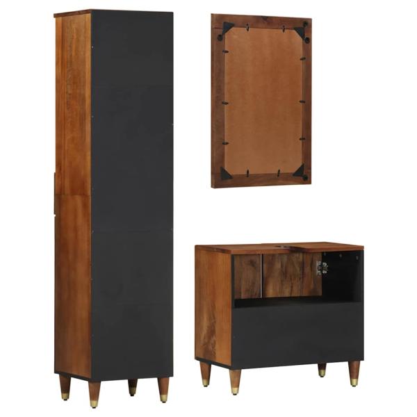 3-teiliges Badezimmermöbel Set aus massivem Holz Mango, Waschbecken-Schränke 62x33x58 cm aus massivem Holz Mango, Spiegel 50x70x3 cm aus massivem Holz Mango, Sideboard 38x33x160 cm aus massivem Holz Mango