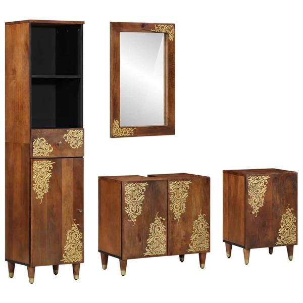 ARDEBO.de - 4-teiliges Badezimmermöbel Set aus massivem Mangoholz, Badezimmer Waschbeckenunterschrank 62x33x58 cm aus massivem Mangoholz, Badezimmer Spiegel 50x70x3 cm aus massivem Mangoholz, Sideboard 38x33x160 cm aus massivem Mangoholz, Badezimmer Schra