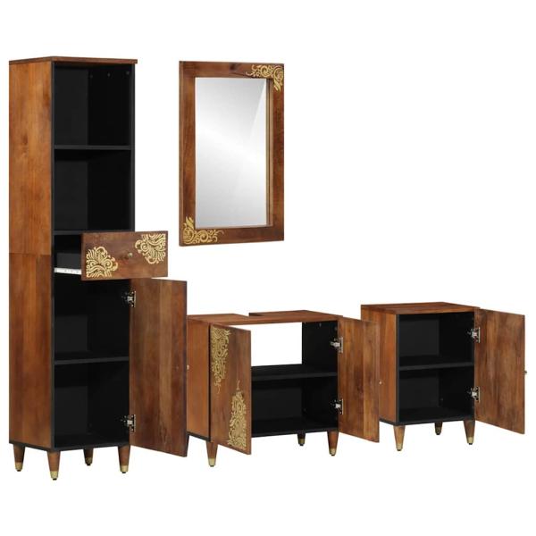 4-teiliges Badezimmermöbel Set aus massivem Mangoholz, Badezimmer Waschbeckenunterschrank 62x33x58 cm aus massivem Mangoholz, Badezimmer Spiegel 50x70x3 cm aus massivem Mangoholz, Sideboard 38x33x160 cm aus massivem Mangoholz, Badezimmer Schrank 38x33x58 