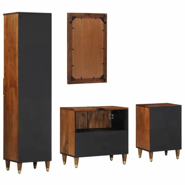 4-teiliges Badezimmermöbel Set aus massivem Mangoholz, Badezimmer Waschbeckenunterschrank 62x33x58 cm aus massivem Mangoholz, Badezimmer Spiegel 50x70x3 cm aus massivem Mangoholz, Sideboard 38x33x160 cm aus massivem Mangoholz, Badezimmer Schrank 38x33x58 