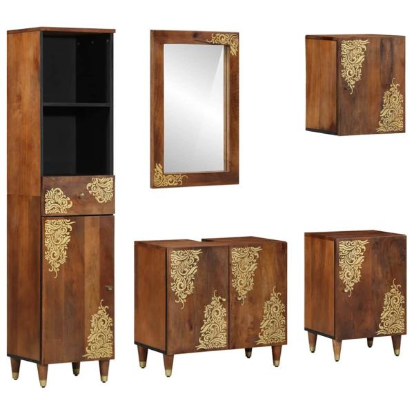 ARDEBO.de - 5-teiliges Badezimmermöbel Set Massivholz Mango, Waschbecken Schrank 62x33x58 cm Massivholz Mango, Badezimmerspiegel 50x70x3 cm Massivholz Mango, Sideboard 38x33x160 cm Massivholz Mango, Badezimmer Schrank 38x33x58 cm Massivholz Mango, Badezim