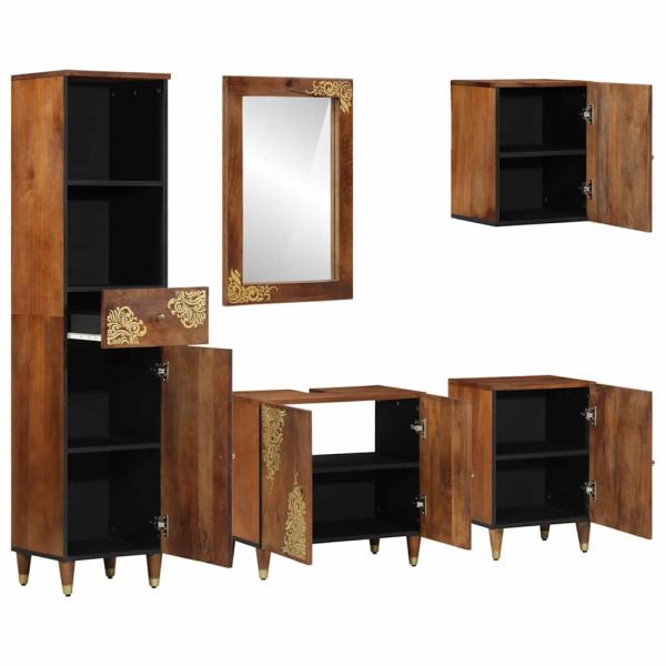 5-teiliges Badezimmermöbel Set Massivholz Mango, Waschbecken Schrank 62x33x58 cm Massivholz Mango, Badezimmerspiegel 50x70x3 cm Massivholz Mango, Sideboard 38x33x160 cm Massivholz Mango, Badezimmer Schrank 38x33x58 cm Massivholz Mango, Badezimmer Wandrega