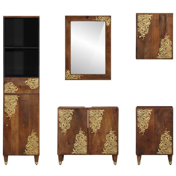 5-teiliges Badezimmermöbel Set Massivholz Mango, Waschbecken Schrank 62x33x58 cm Massivholz Mango, Badezimmerspiegel 50x70x3 cm Massivholz Mango, Sideboard 38x33x160 cm Massivholz Mango, Badezimmer Schrank 38x33x58 cm Massivholz Mango, Badezimmer Wandrega