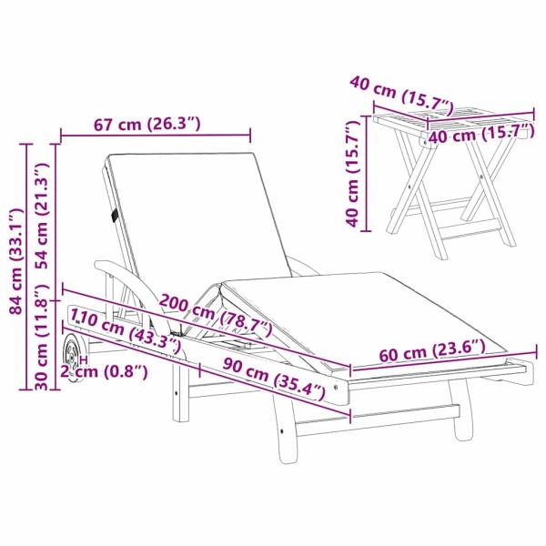 Sonnenliege mit Kissen und Tisch Beige Massivholz Akazie, Faltbare Sonnenliege mit Rädern & Kissen Beige Massivholz Akazie