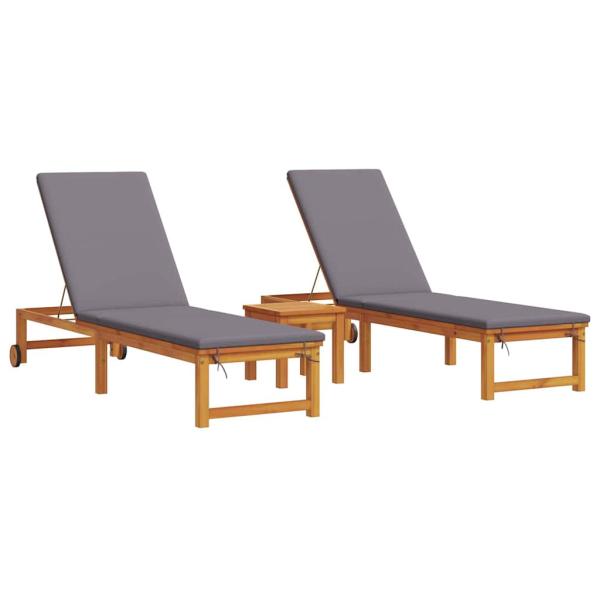 Sonnenliegen 2 Stk mit Tisch und Kissen aus Massivholz Akazie, Sonnenliege mit hellgrauen Kissen aus Massivholz Akazie, Gartenbeistelltisch 35x35x34 cm aus Massivholz Akazie