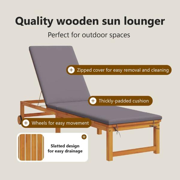Sonnenliegen 2 Stk mit Tisch und Kissen aus Massivholz Akazie, Sonnenliege mit hellgrauen Kissen aus Massivholz Akazie, Gartenbeistelltisch 35x35x34 cm aus Massivholz Akazie
