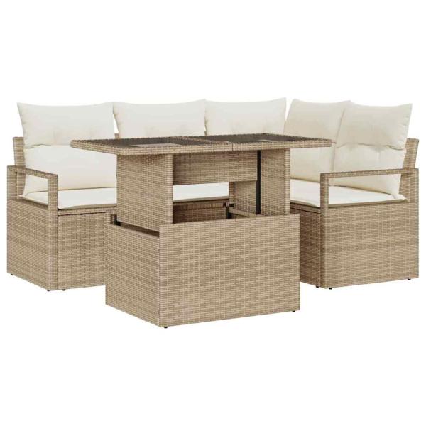 5-teiliges Garten Sofa Set mit Kissen in Beige aus Poly Rattan, 2-Sitzer Garten Sofa mit Kissen in Beige aus Poly Rattan