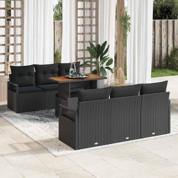 ARDEBO.de - 7-teiliges Garten-Sofa-Set mit Kissen Schwarz Poly-Rattan Akazie, 2-Sitzer Garten-Sofa mit Kissen Schwarz Poly-Rattan