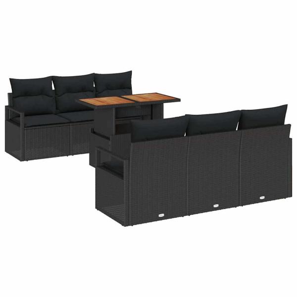 7-teiliges Garten-Sofa-Set mit Kissen Schwarz Poly-Rattan Akazie, 2-Sitzer Garten-Sofa mit Kissen Schwarz Poly-Rattan