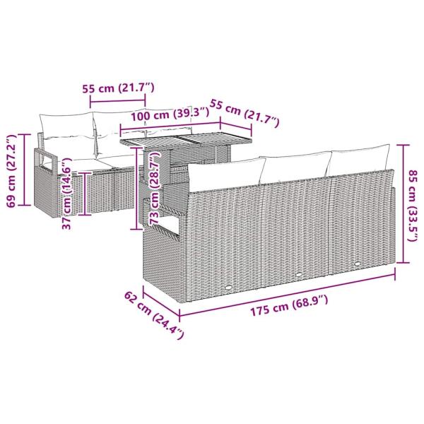 7-teiliges Garten-Sofa-Set mit Kissen Schwarz Poly-Rattan Akazie, 2-Sitzer Garten-Sofa mit Kissen Schwarz Poly-Rattan