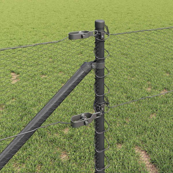 Sechseckzaun Grau 0.6x10 m Stahl, Zaunpfosten mit Spitze 7 Stk Ø32 mm 80 cm Verzinkter Stahl