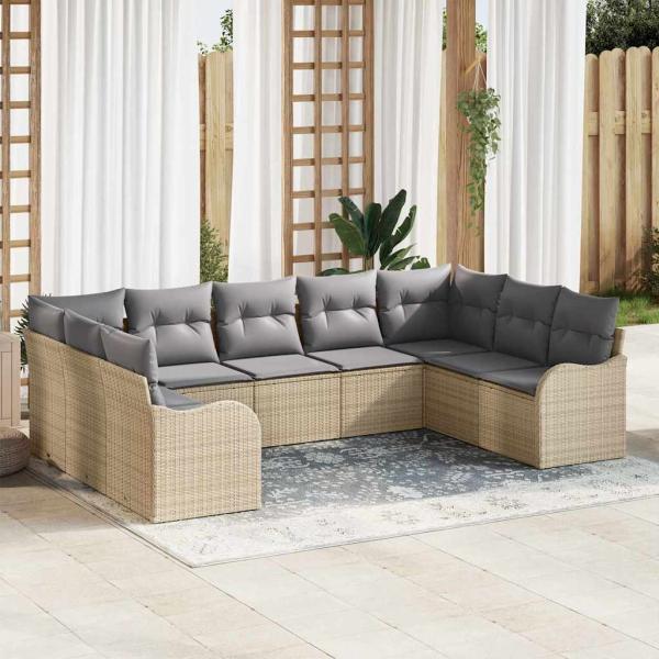 ARDEBO.de - 9-teiliges Garten-Sofa-Set mit Kissen Beiges Poly-Rattan, 2-Sitzer Garten-Sofa mit Stauraum & Kissen Beiges Poly-Rattan