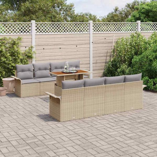 9-teiliges Garten Sofa Set mit Kissen Beige Poly Rattan, 2-Sitzer Garten Sofa mit Stauraum & Kissen Beige Poly Rattan