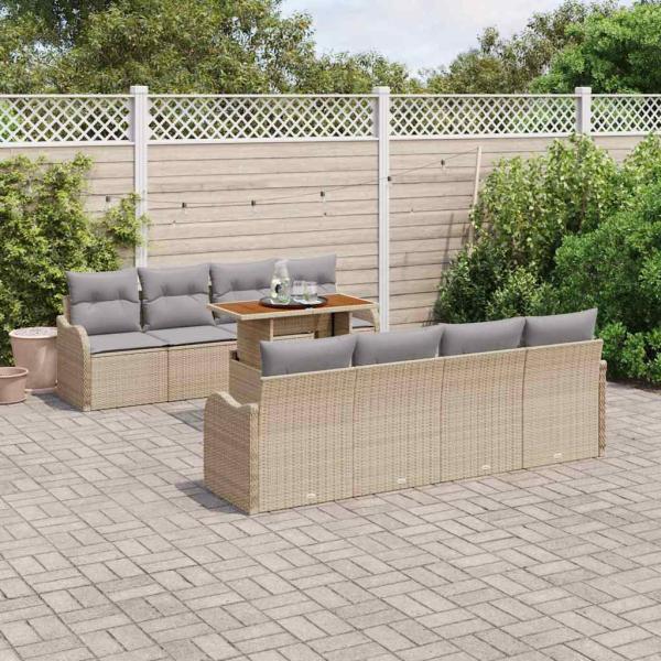 9-Teiliges Garten Sofa Set mit Kissen Beige Poly Rattan, 2-Sitzer Garten Sofa mit Stauraum & Kissen Beige Poly Rattan