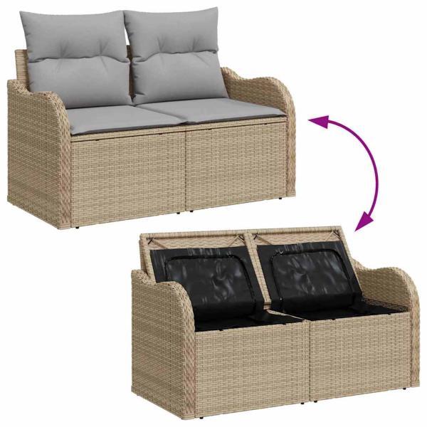 9-Teiliges Garten Sofa Set mit Kissen Beige Poly Rattan, 2-Sitzer Garten Sofa mit Stauraum & Kissen Beige Poly Rattan