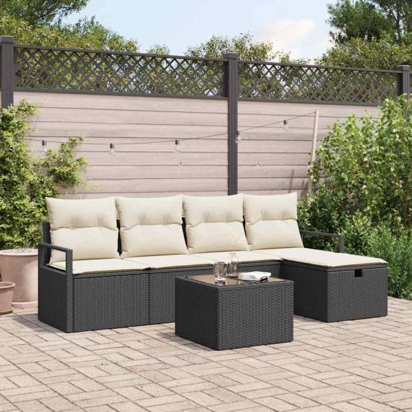 ARDEBO.de - 6-teiliges Garten Sofa Set mit Kissen Schwarz Poly Rattan, 2-Sitzer Garten Sofa mit Kissen Schwarz Poly Rattan