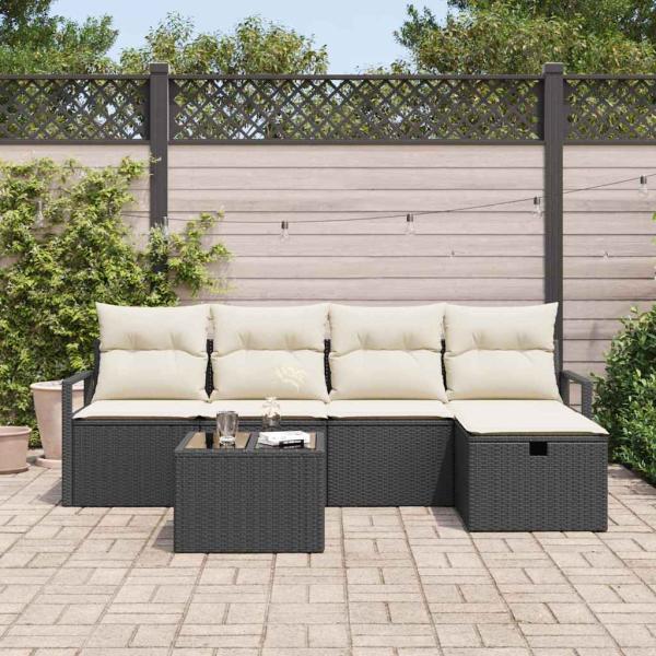 6-teiliges Garten Sofa Set mit Kissen Schwarz Poly Rattan, 2-Sitzer Garten Sofa mit Kissen Schwarz Poly Rattan