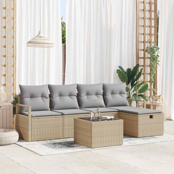 ARDEBO.de - 6-teiliges Garten Sofa Set mit Kissen Beige Poly Rattan, 2-Sitzer Garten Sofa mit Kissen Beige Poly Rattan