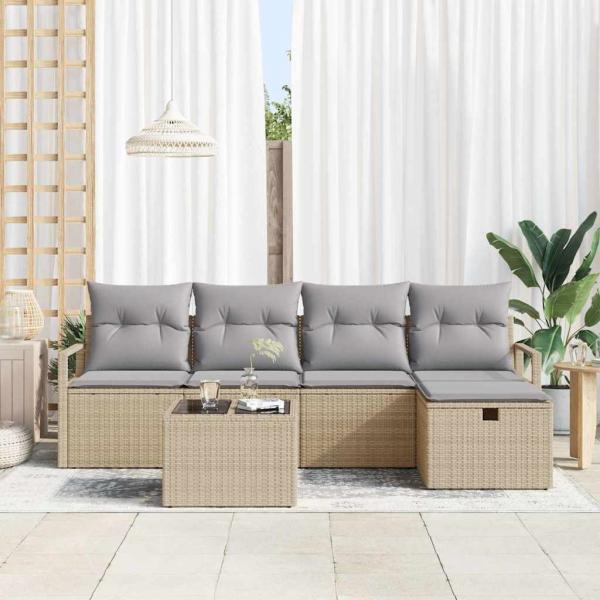 6-teiliges Garten Sofa Set mit Kissen Beige Poly Rattan, 2-Sitzer Garten Sofa mit Kissen Beige Poly Rattan
