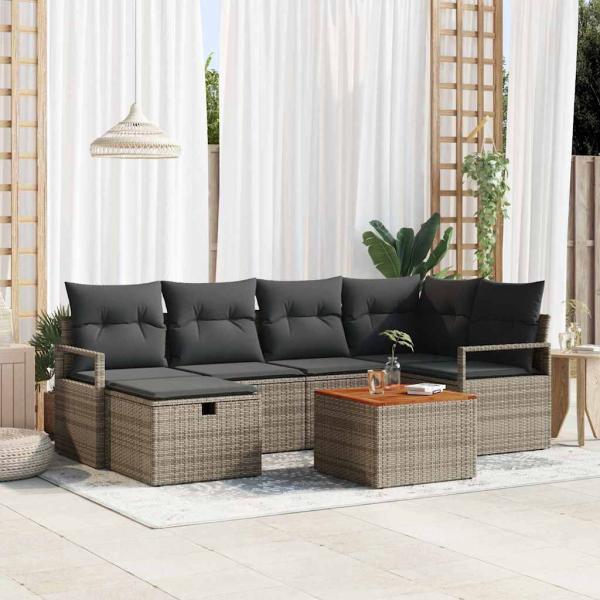 ARDEBO.de - 7-teiliges Garten Sofa Set mit Kissen Grau Poly Rattan, 2-Sitzer Garten Sofa mit Kissen Grau Poly Rattan