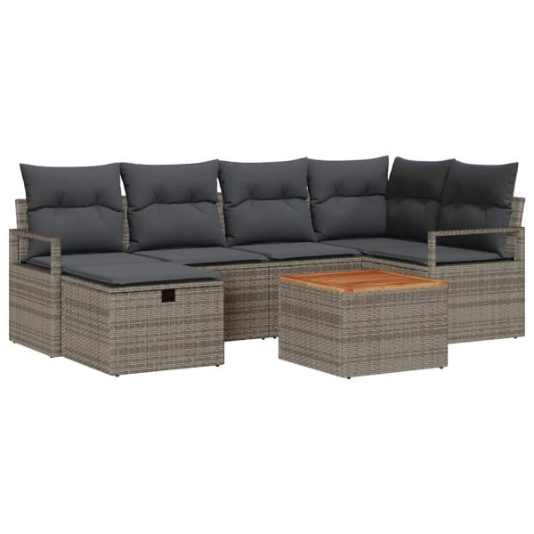 7-teiliges Garten Sofa Set mit Kissen Grau Poly Rattan, 2-Sitzer Garten Sofa mit Kissen Grau Poly Rattan