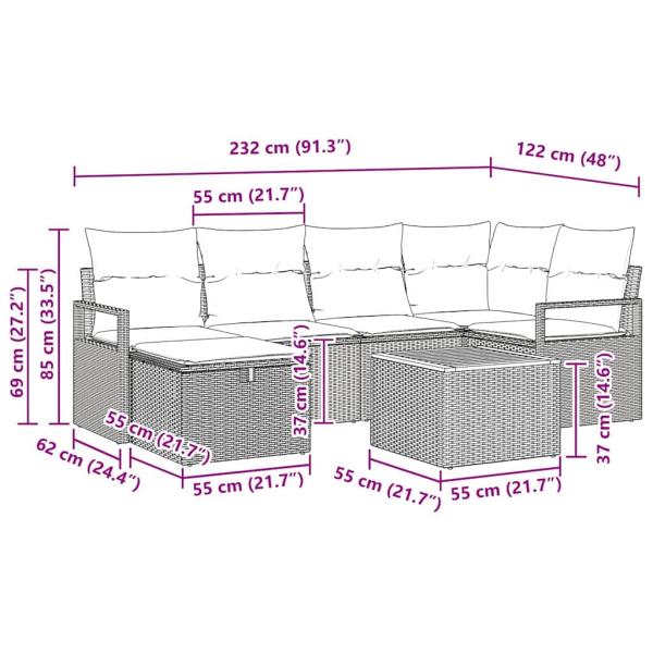 7-teiliges Garten Sofa Set mit Kissen Grau Poly Rattan, 2-Sitzer Garten Sofa mit Kissen Grau Poly Rattan