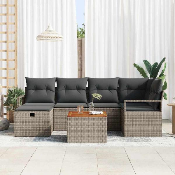 7-teiliges Garten Sofa Set mit Kissen Grau Poly Rattan, 2-Sitzer Garten Sofa mit Kissen Grau Poly Rattan