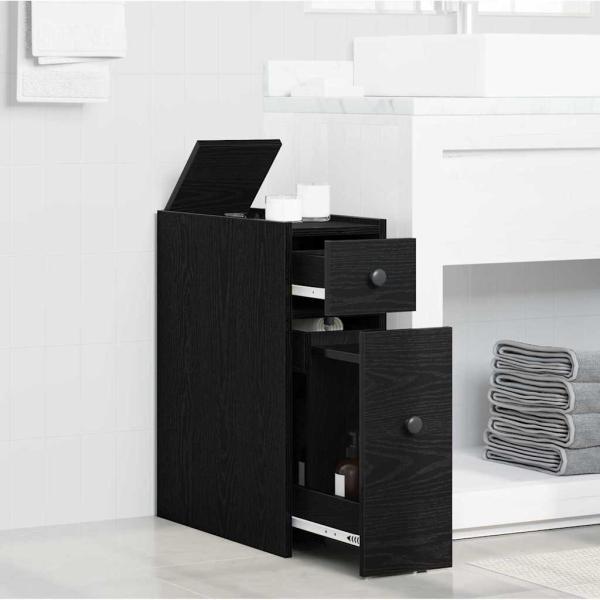 Schmaler Badezimmerschrank mit Rollen Schwarzes Eichen-Laminat