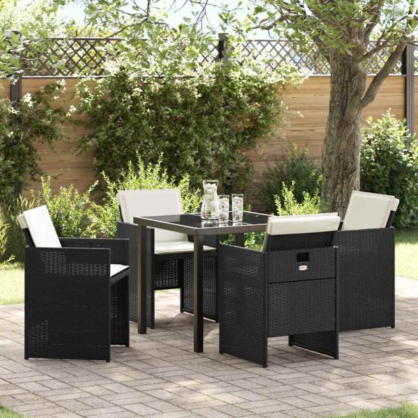 ARDEBO.de - 5-teiliges Garten Essset mit Polstern Schwarz Poly Rattan, Gartentisch Schwarz 80x80x73 cm Einscheibensicherheitsglas