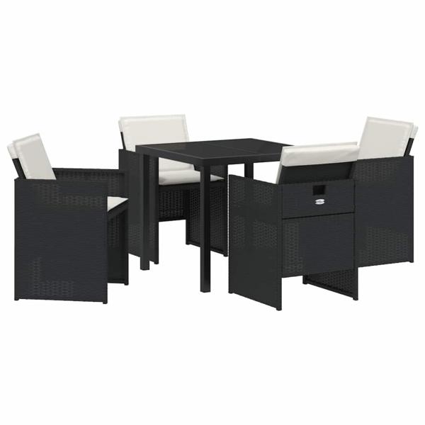 5-teiliges Garten Essset mit Polstern Schwarz Poly Rattan, Gartentisch Schwarz 80x80x73 cm Einscheibensicherheitsglas