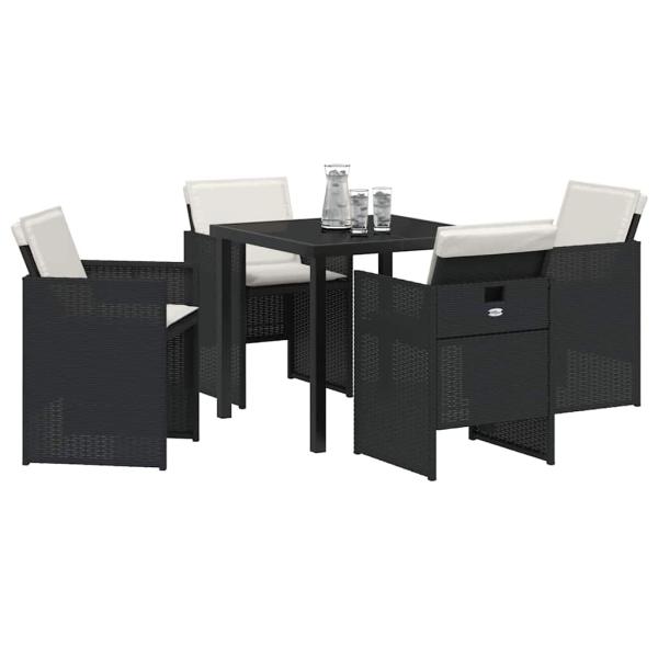 5-teiliges Garten Essset mit Polstern Schwarz Poly Rattan, Gartentisch Schwarz 80x80x73 cm Einscheibensicherheitsglas