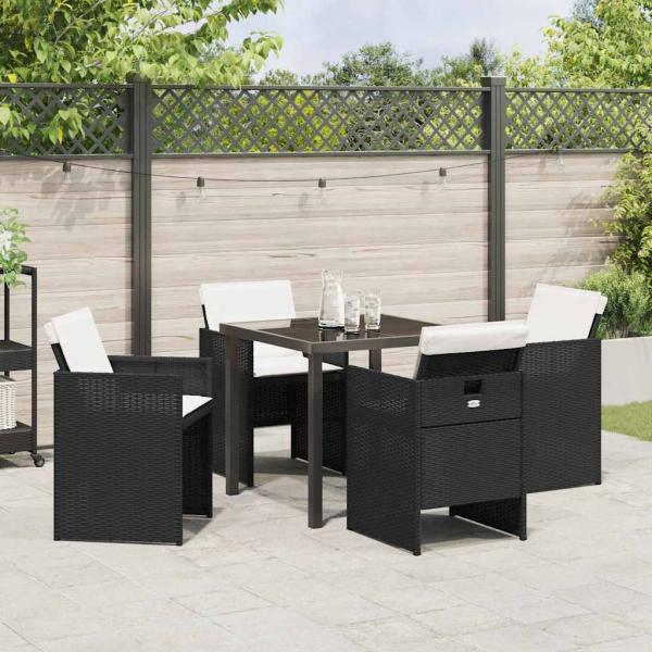 5-teiliges Garten Essset mit Polstern Schwarz Poly Rattan, Gartentisch Schwarz 80x80x73 cm Einscheibensicherheitsglas