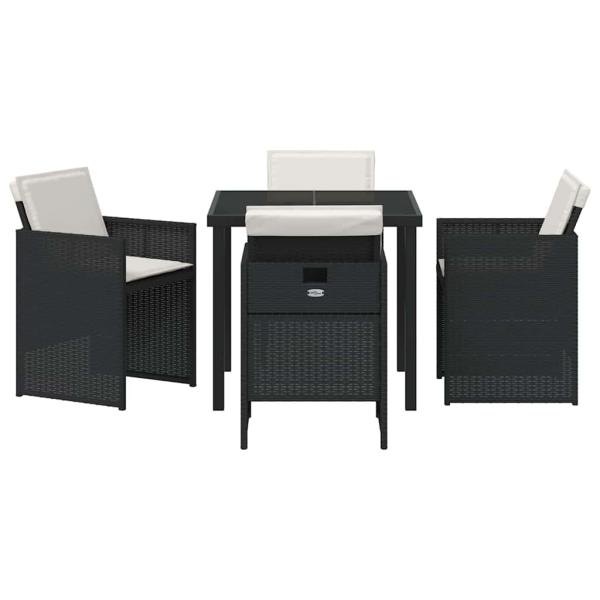 5-teiliges Garten Essset mit Polstern Schwarz Poly Rattan, Gartentisch Schwarz 80x80x73 cm Einscheibensicherheitsglas