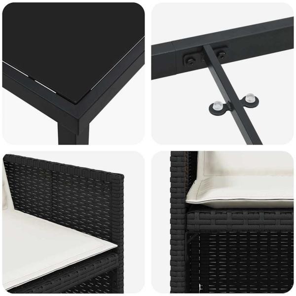 5-teiliges Garten Essset mit Polstern Schwarz Poly Rattan, Gartentisch Schwarz 80x80x73 cm Einscheibensicherheitsglas
