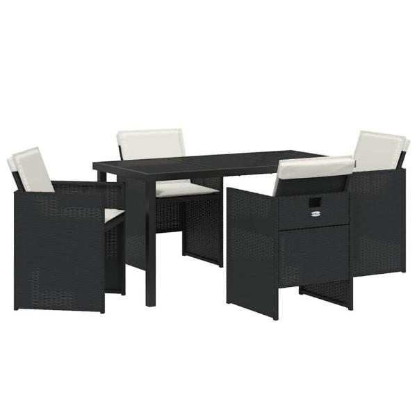 5-teiliges Garten-Essset mit Kissen in Schwarz Poly-Rattan, Gartentisch in Schwarz 140x80x73 cm mit gehärtetem Glas