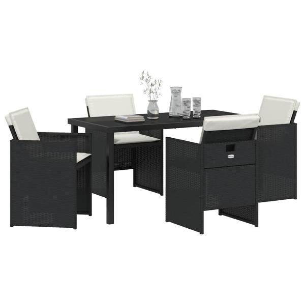 5-teiliges Garten-Essset mit Kissen in Schwarz Poly-Rattan, Gartentisch in Schwarz 140x80x73 cm mit gehärtetem Glas