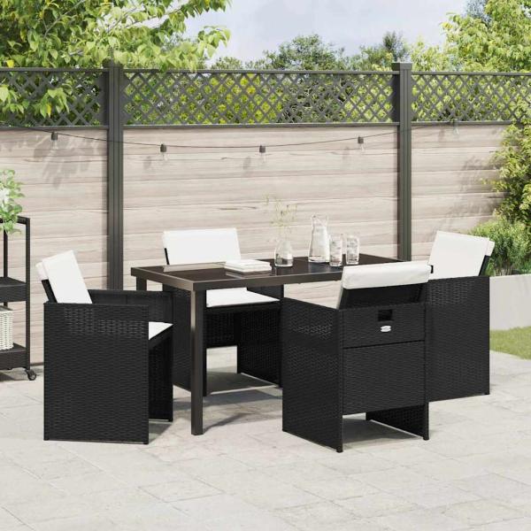 5-teiliges Garten-Essset mit Kissen in Schwarz Poly-Rattan, Gartentisch in Schwarz 140x80x73 cm mit gehärtetem Glas
