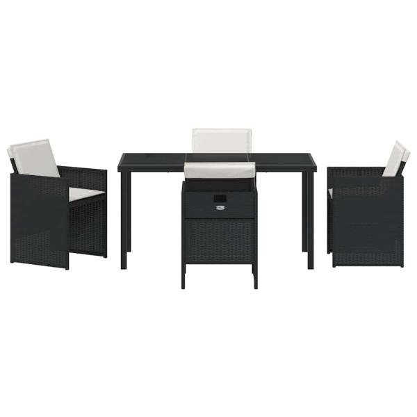 5-teiliges Garten-Essset mit Kissen in Schwarz Poly-Rattan, Gartentisch in Schwarz 140x80x73 cm mit gehärtetem Glas