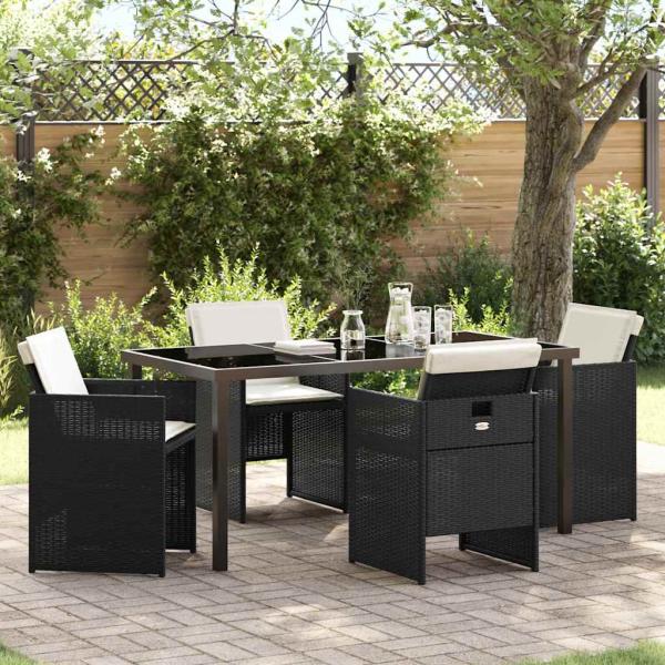 ARDEBO.de - 5-teiliges Garten Essset mit Kissen Schwarz Poly Rattan, Gartentisch Schwarz 160x80x73 cm aus gehärtetem Glas